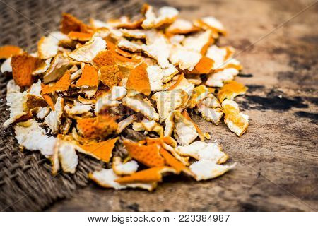Close Up Of Dried Peel Of Orange,citrus Aurantium On A Gunny Background Used As A Face Pack And For