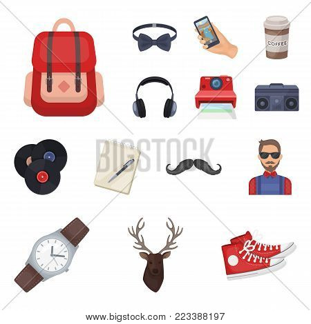 Style Hipster cartoon icons in set collection for design. Hipster Attributes and accessories vector symbol stock  illustration.