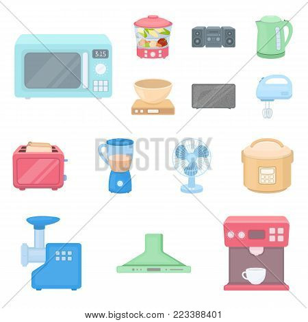 Types of household appliances cartoon icons in set collection for design.Kitchen equipment vector symbol stock  illustration.
