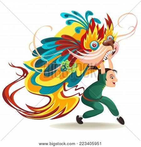 Chinese Lunar New Year Lion Dance Fight isolated on white background, happy dancer in china traditional costume holding colorful dragon mask on parade or carnival, cartoon style vector illustration.