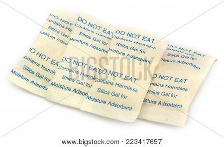 Silica Gel In Small Pack Over White Background