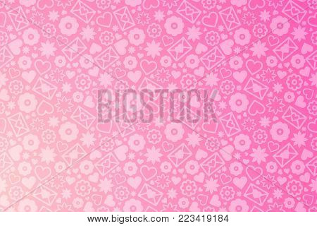 Valentines Day horizontal banner, romantic vector illustration with many objects on gradient background, hearts, flowers and love letters