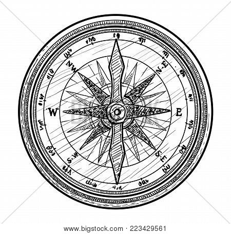 Compass Illustration, Drawing, Engraving, Ink, Line Art