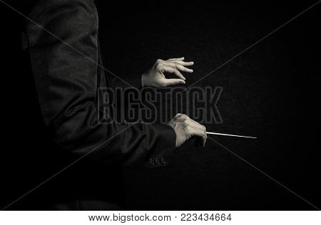 Orchestra conductor hands, Musician director holding stick on dark background