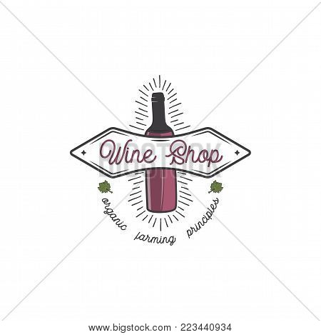 Wine shop logo template concept. Wine bottle, leaf, sunbursts and typography design. Stock vector emblem for winery, wine shop logotype, store isolated on white background.