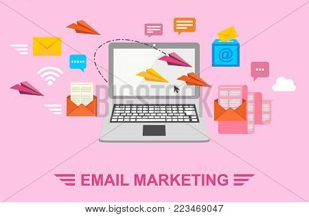 Email marketing. Send letters by e-mail. Letter in envelope, paper plane, laptop and Wi-Fi.