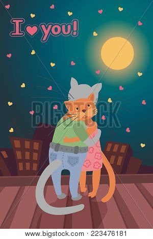 Hand drawn vector illustaration card with Valentine s day concept, two cats on the roof at night