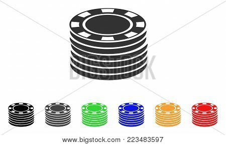 Casino Chip Stack icon. Vector illustration style is a flat iconic casino chip stack symbol with gray, yellow, green, blue, red, black color versions. Designed for web and software interfaces.