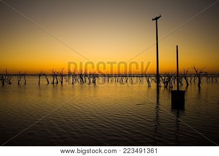 Sunset In The Flooded City Of Epecuen In Buenos Aires