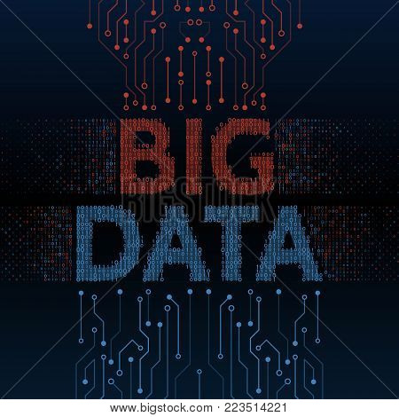 Machine learning algorithm visualization. Abstract big data background with binary code and circuit board. Data sorting vector illustration.