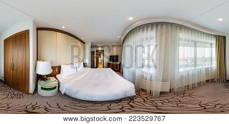 Minsk, Belarus - August 10, 2017: 360 Panorama View In Bedroom Loft Room In Luxury Elite Vip Hotel,