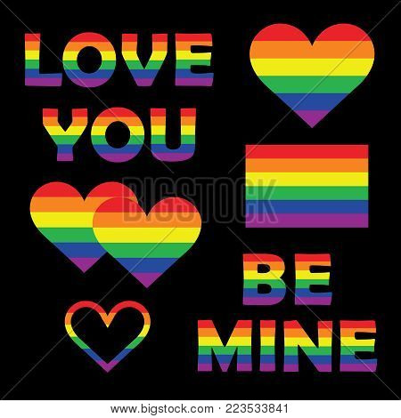 Set collection of gay pride elements with rainbow spectrum heart shapes, lettering, flag. Homosexuality emblems. LGBT rights concept. Vector illustartion.