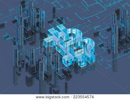 Business city bitcoin 3D illustration of bitcoin symbol rising from modern city on the waterfront Futuristic skyscrapers in the flow of information. The flow of digital data. city of the future 3d render. 3D illustration.