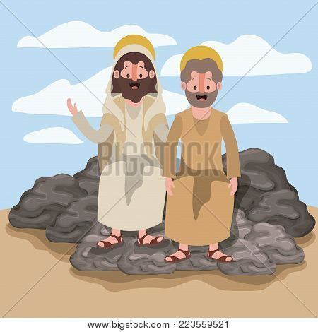 jesus the nazarene and john in scene in desert sitting on the rocks in colorful silhouette vector illustration