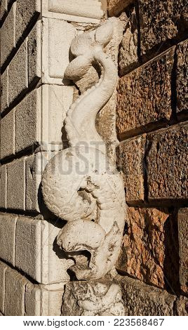 Monstrous alien fish old relief from Saint Margherita closed chruch facade in Venice (17th century)