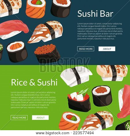 Vector cartoon colored sushi horizontal banner and poster templates illustration