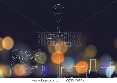 city break or holiday under the sunshine conceptual illustration: road sign with gpw icon above it and alternative vacation choices next to it