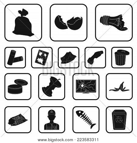 Garbage and waste black icons in set collection for design. Cleaning garbage vector symbol stock  illustration.