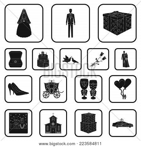 Wedding and Attributes black icons in set collection for design. Newlyweds and Accessories vector symbol stock  illustration.