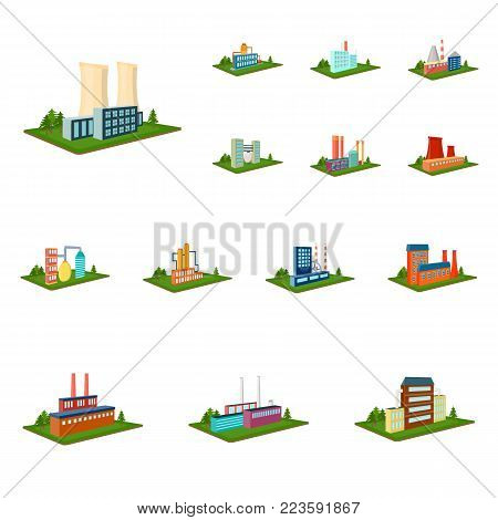 Factory and plant cartoon icons in set collection for design. Production and enterprise vector isometric symbol stock  illustration.