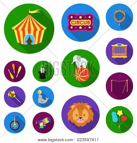 Circus and attributes flat icons in set collection for design. Circus Art vector symbol stock  illustration.