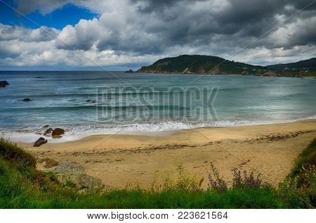 Ocean coast in the north west of Spain, Galicia region, little town of Porto de Espasante, urban beaches detail
