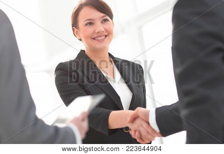 Businesswoman shaking hands with a businssman during a meeting
