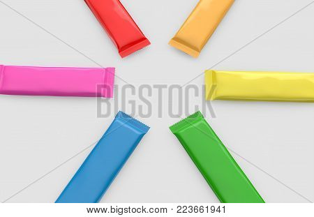 Blank Food Package Mockup, Six Colorful Foil Bags Template For Snacks, Sugar Or Instant Coffee In 3d
