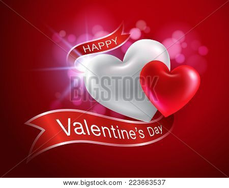 valentines day red background with ribbon background 3d heart realistic...Can be used in the poster, wallpaper, brochure, flyers, invitation, banners, template...Vector realistic file.