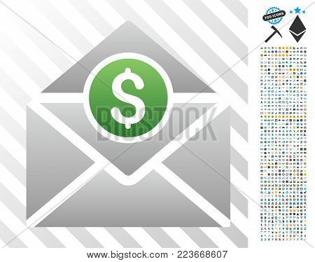 Open Money Mail gradient pictograph with 7 hundred bonus bitcoin mining and blockchain images. Vector illustration style is flat iconic symbols designed for crypto currency apps.