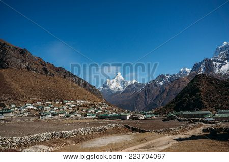 view on Lower Pangboche village and Ama Dablam mountain, Nepal, Khumbu, November 2014