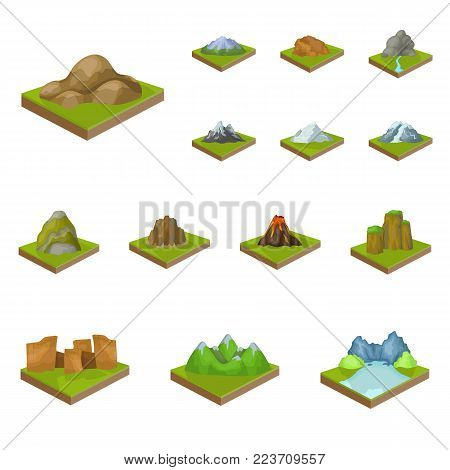 Mountains, massive cartoon icons in set collection for design. The surface of the earth vector isometric symbol stock  illustration.
