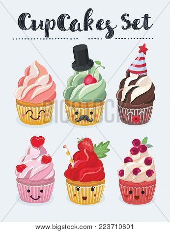 Vector cartoon illustration set of cute cupcake emojis icons. Different emotions smiling faces, vector illustration. Masquerade, celebrate, party. Object on white background.