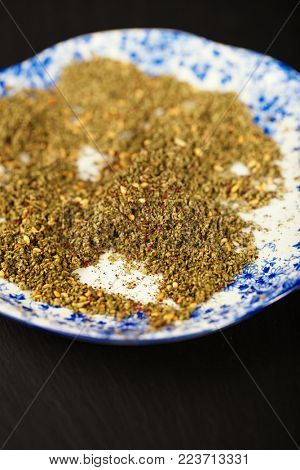 Zaatar spice mix - traditional Middle Eastern blend made with thyme, sesame seeds, salt, sumac, oregano, cumin, fennel seeds and marjoram