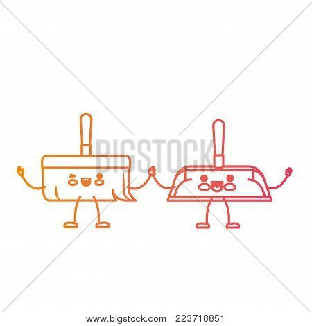 kawaii cartoon hand dustpan and hand broom holding hands in degraded yellow to magenta silhouette vector illustration