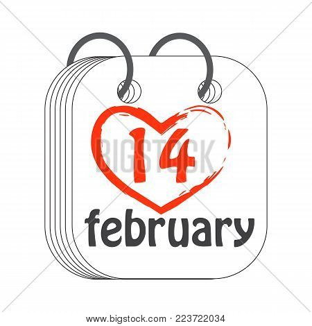 14 February. Calendar icon. Valentine's Day. Flat style. Painted red heart. Date, day of month. Holidays in February. Illustration. Vector