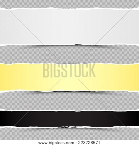 White yellow and black piaces of torn paper template with shadow on transparent background