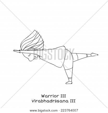 Cute little girl is practicing yoga. Kid in Warrior III pose. Cartoon Vector illustration