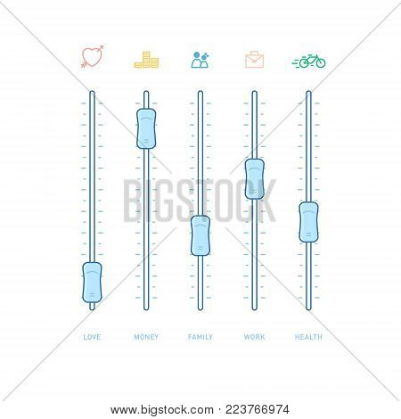 Control panel with sliders. Analog sound mixer or console. Remote control of the balance of life. Line design. Vector illustration.