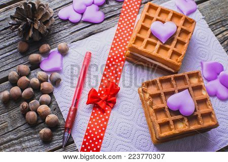 Homemade Waffles On A Wooden Background Hearts, Purple, Valentine's Day