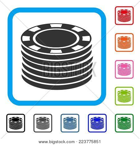 Casino Chip Stack icon. Flat grey pictogram symbol in a blue rounded rectangle. Black, grey, green, blue, red, pink color variants of casino chip stack vector. Designed for web and software UI.
