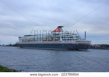 Velsen, The Netherlands - April, 27th 2017: Balmoral Fred Olsen Cruise Lines in North Sea Canal towards IJmuiden sealock