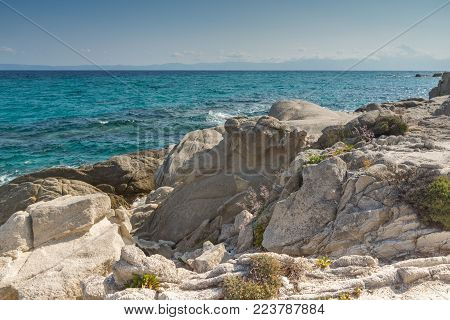 Seascape of Orange Beach Kavourotripes at Sithonia peninsula, Chalkidiki, Central Macedonia, Greece