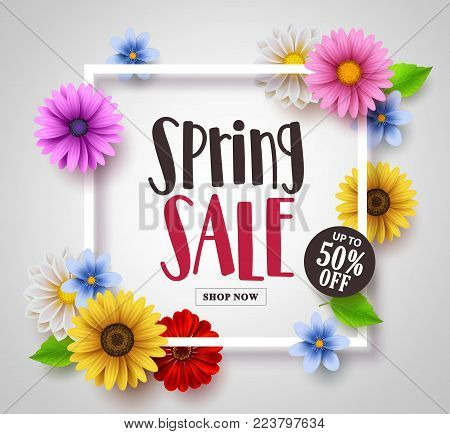 Spring sale vector banner design with colorful daisy, sunflower and floral elements and a frame in white background for spring seasonal discound promotion. Vector illustration.
