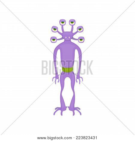 Cute cartoon character for the design of children's parties with UFOs, newcomers, Halloween. An alien with six eyes on horns. Vector cartoon illustration.