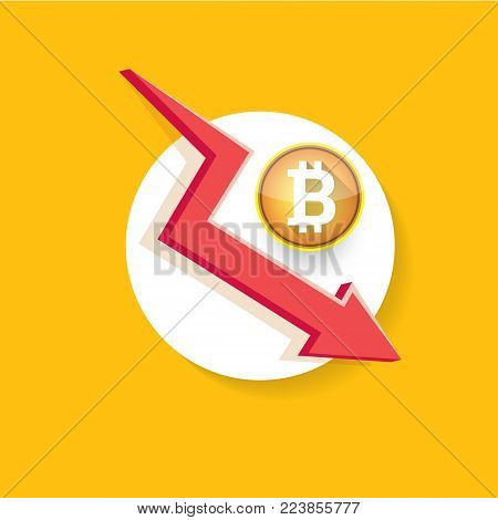 vector bitcoin market crash graph on orange background. Bitcoin hype concept vector illusrtation with blank space fo text. depreciation of bitcoin. Bitcoins Price Drops