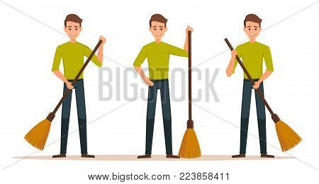 Cartoon set of Male vector character with a broom. Cleaner boy is holding a broom.Cleaner roads, streets, and parks in working  clothes with a broom in hand. Cleaning concept