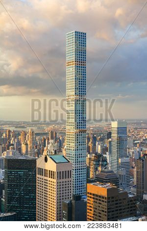 Aerial view of 432 Park Avenue construction, the tallest residential building in the world, in New york City