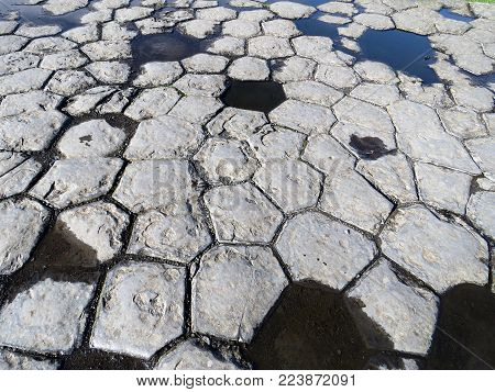 Basalt columns at Kirkjugolf  in Kirkjubaejarklaustur in Iceland, July 6, 2017