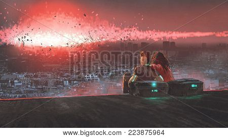 end of world concept showing a young couple looking at nuclear explosion destroying city, digital art style, illustration painting